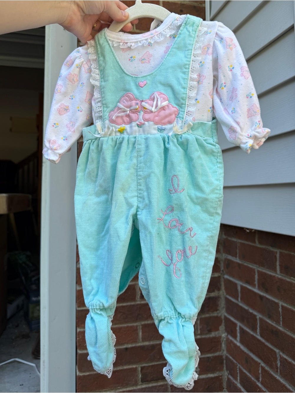 Vintage 90s Y2K Corduroy Overalls Bunny Romper Set Size 0-6 Months Baby Girl